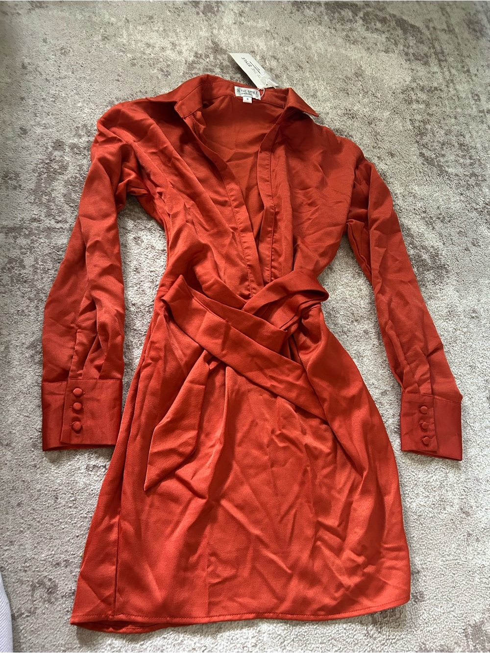Tie-Waist Long Sleeve Dress in Rust Orange